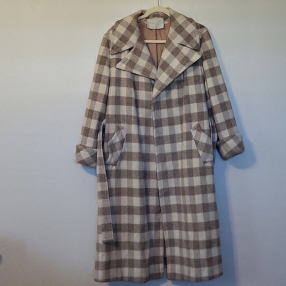 Vintage Diamond's Long Wool-Blend Oatmeal Plaid Open Front Belted Size: M - Picture 5 of 11